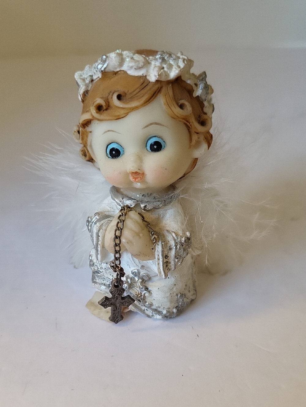 Hand-painted First Communion Praying Angel Figurine with Cross